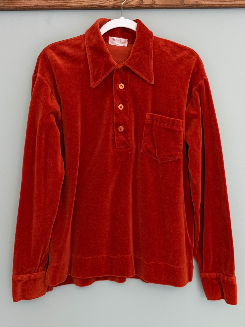 VTG Thane 100% Cotton Plush Velour Burnt Orange Collared Pullover Shirt Jacket